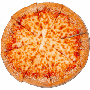 A whole cheese pizza cut into eight slices, with a golden crust and melted cheese topping.