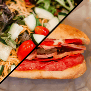 A split image showing a fresh salad with lettuce, cucumber, tomato, and shredded cheese on one side, and a deli sandwich with meats and onions on a sub roll on the other side.