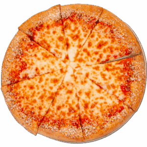 A whole cheese pizza cut into eight slices, with a golden crust and melted cheese topping.