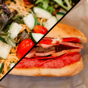 A split image showing a fresh salad with lettuce, cucumber, tomato, and shredded cheese on one side, and a deli sandwich with meats and onions on a sub roll on the other side.